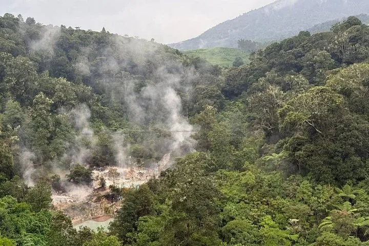 Vulkanischer Dampf steigt aus einem bewaldeten Talgebiet nahe dem Kawah Putih auf.